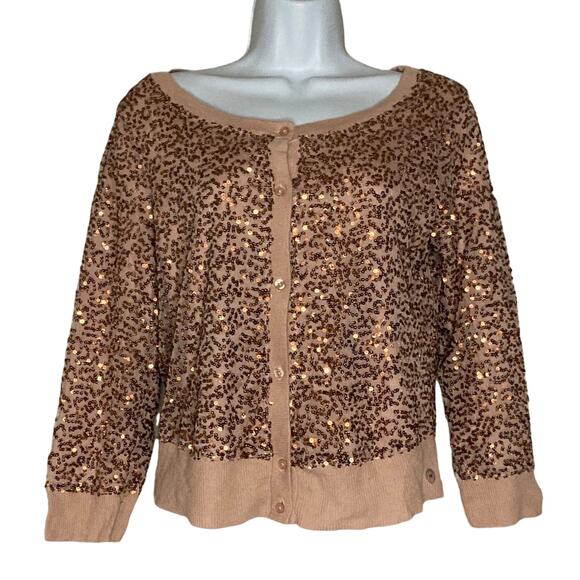 American Eagle Womens Rose Gold Sequin Cardigan Sweater Button Front Size Medium - Picture 3 of 16